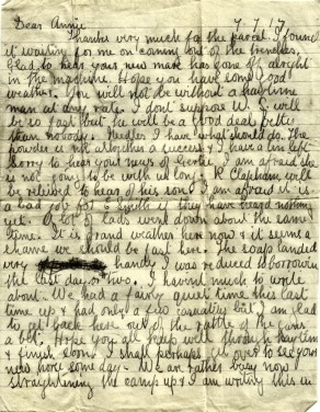 Page 1 of letter from John to his Sister Annie, 7 July 1917