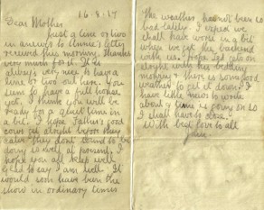 Pages 1 and 2 of letter from John to his mother, 16 August 1917