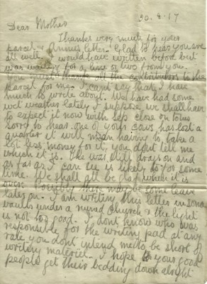 Page 1 of letter from John to his mother, 30 August 1917