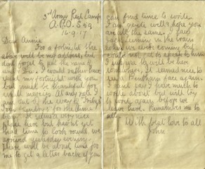 Pages 1 and 2 of letter from John to his Sister Annie, 16 September 1917