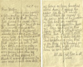Pages 1 and 2 of letter from John to his mother, 1 October 1917