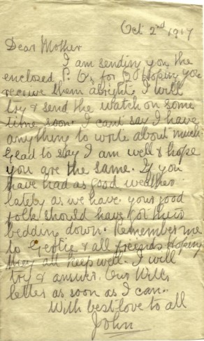 Letter from John to his mother, 2 October 1917