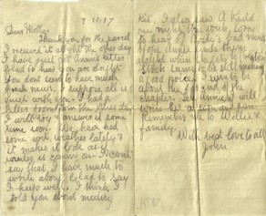 Pages 1 and 2 of letter from John to his mother, 7 November 1917