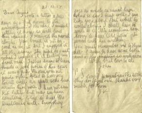 Pages 1 and 2 of letter from John to his Sister Annie, 22 November 1917