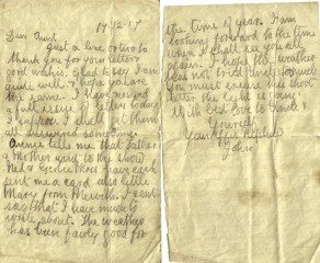 Pages 1 and 2 of letter from John to his Aunt Alice (Alice Jane Marsden), 17 December 1917