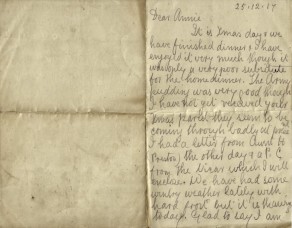 Page 1 of letter from John to his Sister Annie, 25 December 1917