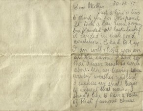 Page 1 of letter from John to his mother, 30 December 1917
