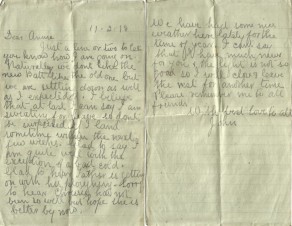 Pages 1 and 2 of letter from John to his Sister Annie, 11 February 1918
