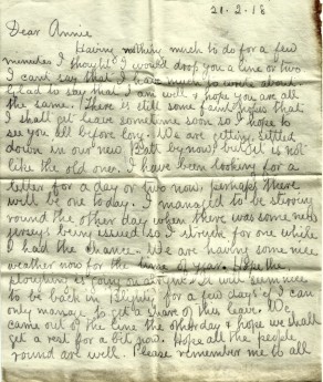 Page 1 of letter from John to his Sister Annie, 21 February 1918