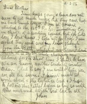 Letter from John to his mother, 2 March 1918