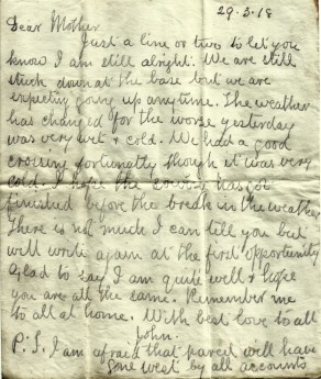Letter from John to his mother, 29 March 1918, after returning to France from being on leave