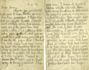 Pages 1 and 2 of letter from John to his Sister Annie, 18 April 1918