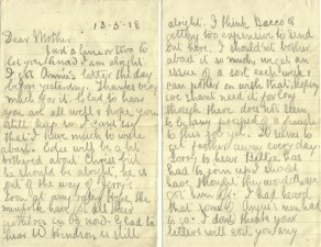 Pages 1 and 2 of letter from John to his mother, 13 May 1918