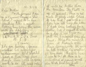 Pages 1 and 2 of letter from John to his mother, 18 May 1918