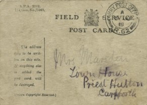 Field Service Post Card from John to his Aunt Alice (Alice Jane Marsden), 1 June 1918