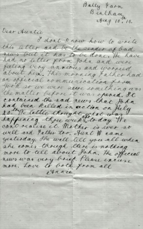 Letter from John’s sister, Annie, to her Aunt Alice (Alice Jane Marsden), 10 August 1918