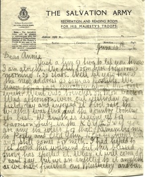 Page 1 of letter from John to his Sister Annie, 10 June 1916