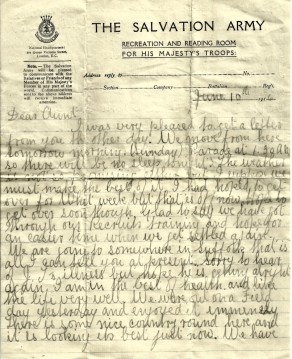 Page 1 of letter from John to his Aunt Alice (Alice Jane Marsden), 10 June 1916