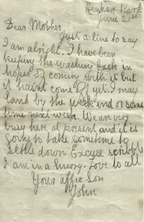 Letter from John to his mother, 21 June 1916