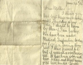 Page 1 of letter from John to his mother, 24 June 1916