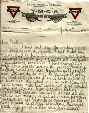 Page 1 of letter from John to his mother, 8 July 1916