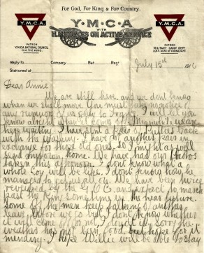 Page 1 of letter from John to his Sister Annie, 15 July 1916