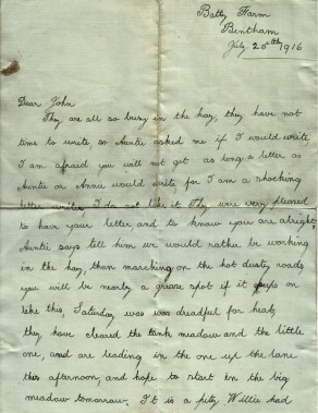 Page 1 of letter to John from his Cousin Gertie (Alice Gertrude Hutchinson), 25 July 1916