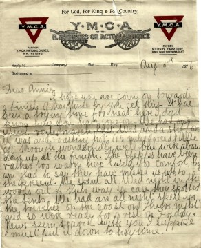 Page 1 of letter from John to his Sister Annie, 5 August 1916
