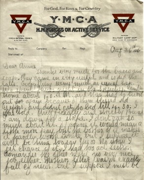 Page 1 of letter from John to his Sister Annie, 26 August 1916