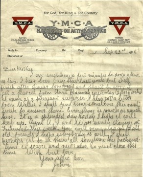 Letter from John to his mother, 23 September 1916