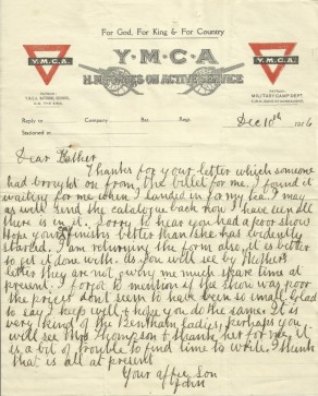 Letter from John to his father, 10 December 1916