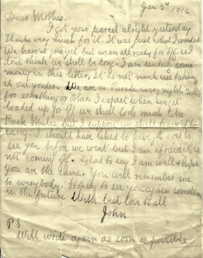 Letter from John to his mother, 5 January 1917