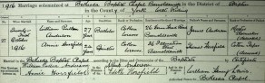 Marriage Certificate: William Pullan Anderson to Annie Horsfield at Bethesda Baptist Chapel, Barnoldswick, Yorkshire, 21 October 1916