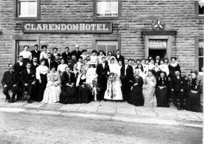 Wedding party outside the Clarendon Hotel, Hebden, after the marriage of William Henry Townson and Martha Lund on the 22 February 1906