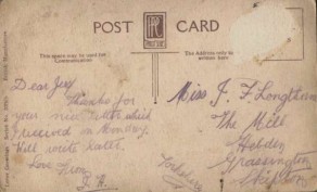 French postcard from Private John Irvine Hargraves to Jessie Longthorne - back