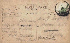 Postcard from Private John Irvine Hargraves to Jessie Longthorne, 9th November 1917 - back