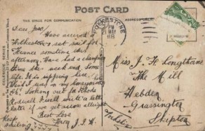 Postcard from Private John Irvine Hargraves to Jessie Longthorne, 21st May 1918 - back