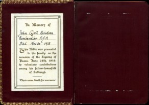 Bible presented to the family of Gunner John Cyril Hindson by the people of Sedbergh.