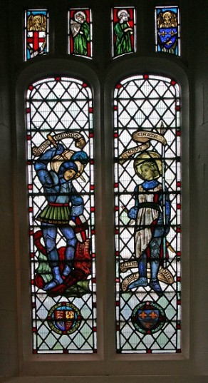 (1) St Ambrose's Church: stained glass memorial window with wooden memorial plaque