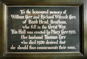 (5) - Oak Memorial Plaque (now in St John the Baptist's Parish Church, Low Bentham) (Richard Wilcock Carr & William Carr)