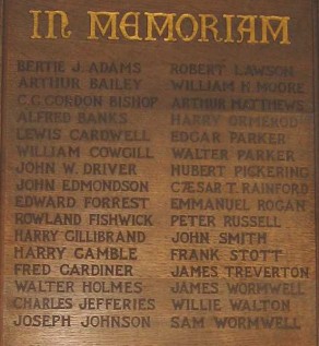 (1) St Mary's Church: wooden memorial plaque - detail, Roll of Honour