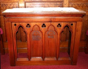 (1) Salem Congregational Chapel: communion table with carved wooden panels